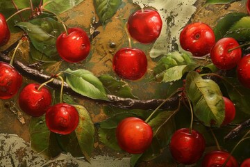 Poster - Vibrant cherries with leaves and water droplets on an aged, textured backdrop