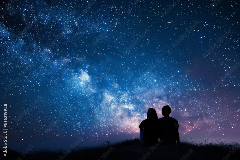 Couple sits under a starry sky with the Milky Way. Stargazing and ...