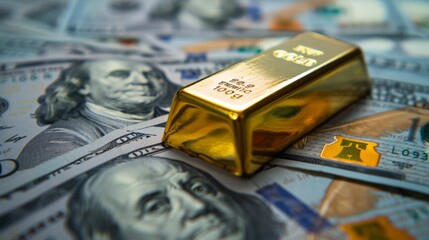 Poster - Gold bar on US dollar banknotes money, economy finance exchange trade investment concept.