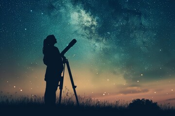 silhouette of woman using telescope under a starry sky. stargazing and observation concept. adventur