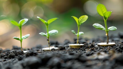 Poster - Green leaf plant growth on the coin on white background business start idea and business building to success.