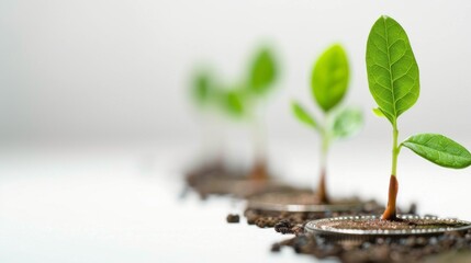 Poster - Green leaf plant growth on the coin on white background business start idea and business building to success.