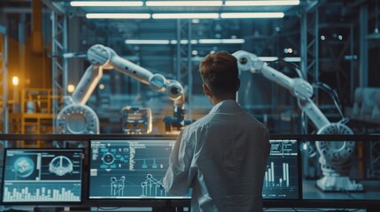 Fototapete - Industrial Engineer use modern dashboard interface and check and control automation robot arms in intelligent factory industrial on real time monitoring system