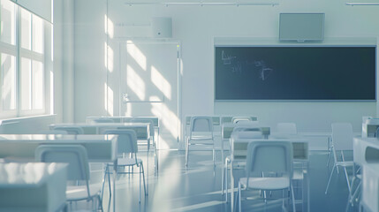 Poster - First day of school Interior of modern light class elementary middle school or high school without teacher and students Bright school room with white desks chairs and blackboard : Generative AI