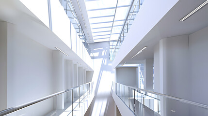 Aufkleber - Bright interior hallway with modern design featuring a staircase glass railing and a skylight : Generative AI