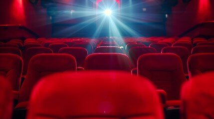 Aufkleber - stage light hitting red cloth seats in theater  movie theater : Generative AI