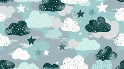 Poster - Hand drawn seamless pattern featuring clouds and stars in shades of grey and teal Scandinavian design