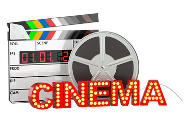 Poster - Film distribution, film production concept. Clapperboard, film reel and cinema signboard from golden light bulb letters. 3D rendering isolated on transparent background