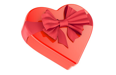Poster - Red gift box in the shape of heart with red bow. Valentines Day concept. 3D rendering isolated on transparent background