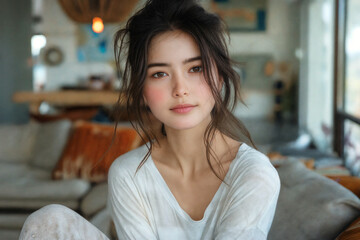 Poster - Beautiful asian young woman in white pyjama sitting on couch in living room, for marketing campaign