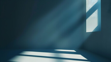 Poster - Minimal abstract black background for product presentation Organic drop diagonal shadow and rays of light from window on a blue wallpaper : Generative AI