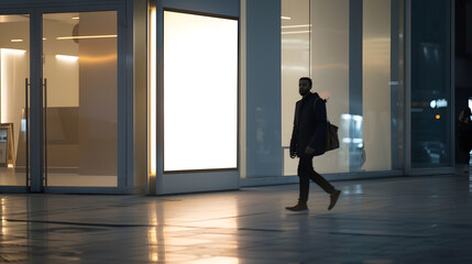 Aufkleber - Man walking by evening empty shop window with podium inside for your product presentation on glowing white background in modern building area outdoors mock up : Generative AI