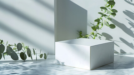 Poster - White empty box on texture stones with eucalyptus on light background with shadow Podium or showcase concept for product presentation sale or advertising banner Copy space : Generative AI