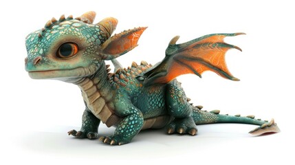 Wall Mural - Isolated photo of cute baby dragon over white background.