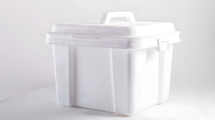 Cooler with ice Styrofoam Cooler box White foam plastic cooler box for ice Take cold beer drink food on the beach Fridge container for picnic Isolated on white background with Clipping : Generative AI