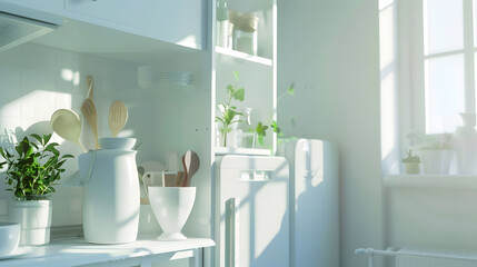 Aufkleber - Minimal light scandinavian kitchen interior White furniture with utensils shelves with crockery and plants in pots small refrigerator near window panorama empty space : Generative AI