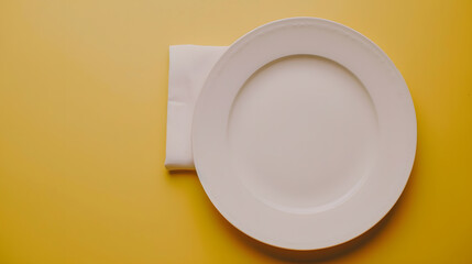 Poster - Top view on colored background empty round white plate on tablecloth for food Empty dish on napkin with space for your design : Generative AI