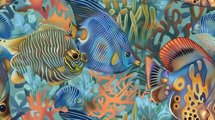 Wall Mural -   A coral reef with a school of vibrant fish swimming in its depths In the foreground, intricate coral formations adorn the ocean floor