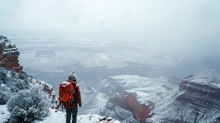 Wall Mural - Hiker standing on top of Grand Canyon in winter in rugged lands with snow.