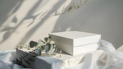 Fototapete - White empty box on texture stones with eucalyptus on light background with shadow Podium or showcase concept for product presentation sale or advertising banner Copy space : Generative AI