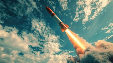 Poster - A rocket is flying through the sky with a bright orange flame trailing it