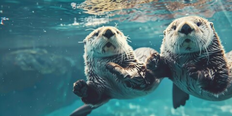 Poster - Two baby otters swimming in a tank