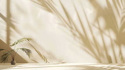 Poster - Minimalistic abstract gentle light beige background for product presentation with light andand intricate shadow from the window and vegetation on wall : Generative AI