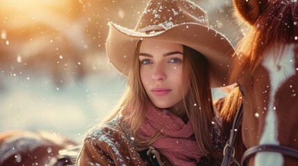 Wall Mural - Cowgirl on horseback in wild rugged field in winter with snow.