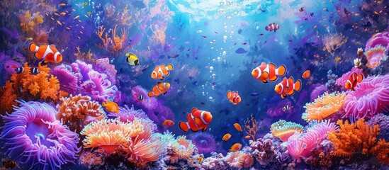 Wall Mural - Vibrant underwater painting with colorful fish
