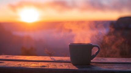 Canvas Print - Hot coffee cup in snow winter in rugged lands.