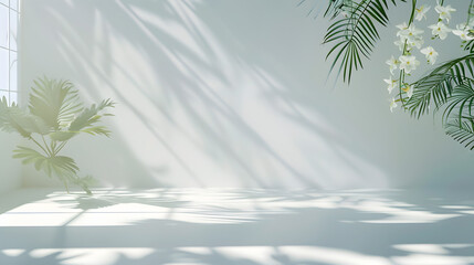 Fototapete - Abstract white studio background for product presentation Empty room with shadows of window and flowers and palm leaves  3d room with copy space Summer concert Blurred backdrop : Generative AI