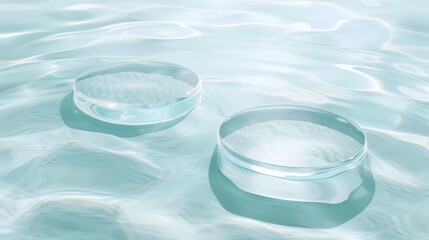 Poster - Two empty clear glass circle podiums on light blue transparent calm water texture with waves in sunlight Abstract nature background for product presentation Flat lay cosmetic mockup co : Generative AI