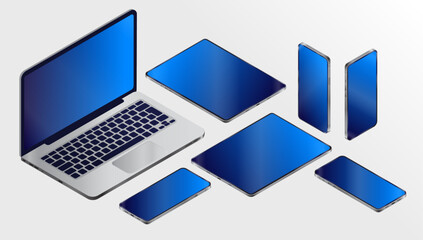 Poster - Isometric vector devices - Laptop computer, mobile phones and tablets in various angels, laying down and standing. Semi realistic professional illustration collection