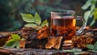 Medicinal tea made from birch fungus Chaga.Large pieces of chaga and birch leaves