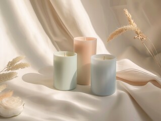 Sticker - Three candles of different colors are arranged on a white tablecloth