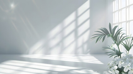 Fototapete - Abstract white studio background for product presentation Empty room with shadows of window and flowers and palm leaves  3d room with copy space Summer concert Blurred backdrop : Generative AI