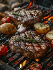 Sticker - Two pieces of steak are on a grill with potatoes and tomatoes