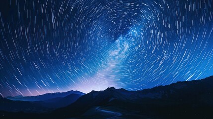 Abstract blue night sky with star trails forming a circular pattern.