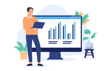 Wall Mural - Man with computer and charts - Person standing with laptop working and looking at financial and business diagram and graph. Flat design vector illustration with white background