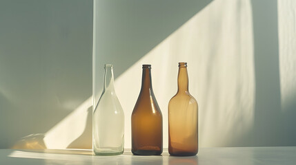 Poster - three empty bottles on a table : Generative AI