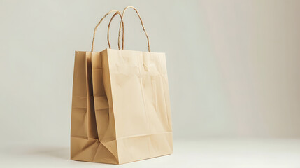 Poster - Paper bag Kraft paper shopping bag Brown folded paper bag with handle Empty grocery paper bag Recycled carton package for supermarket High quality and resolution photo Isolated white b : Generative AI