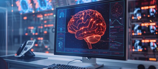Poster - A computer screen displaying a detailed image of a brain, representing advanced technology and neuroscience.