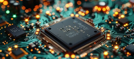 Aufkleber - Detailed view of a CPU chip on a vibrant green circuit board, showcasing intricate electronic components.