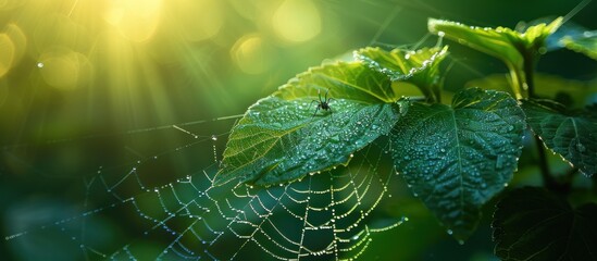 Wall Mural - Glistening spider web with dew drops