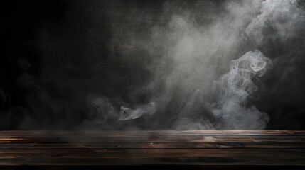 Poster - On a black background an empty wooden table with smoke floats up Empty space for displaying your products with a smoke float up on a dark background Space available for displaying your : Generative AI