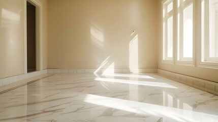 Wall Mural - Empty room with marble flooring and beige wall paper decoration : Generative AI