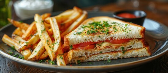Wall Mural - Grilled sandwich with fries on a plate