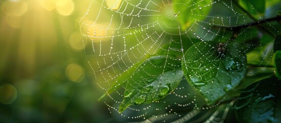 Wall Mural - A detailed spider web covered in dew drops, shining under the sunlight against vibrant green leaves in nature.