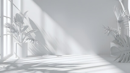 Poster - Abstract white studio background for product presentation Empty room with shadows of window and flowers and palm leaves  3d room with copy space Summer concert Blurred backdrop : Generative AI