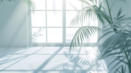 Poster - Abstract white studio background for product presentation Empty room with shadows of window and flowers and palm leaves  3d room with copy space Summer concert Blurred backdrop : Generative AI